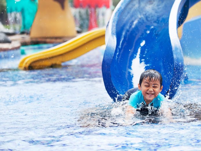 child having fun on a slide at the outer banks water park