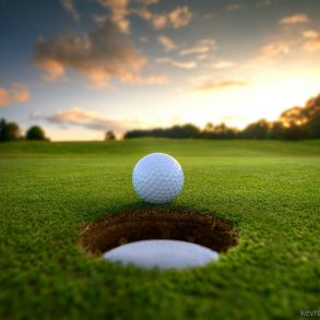 golf ball rolling into hole with beautiful sunset in the background