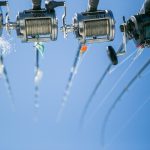 saltwater fishing rods lined up for deep sea fishing in the gulf stream