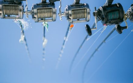 saltwater fishing rods lined up for deep sea fishing in the gulf stream