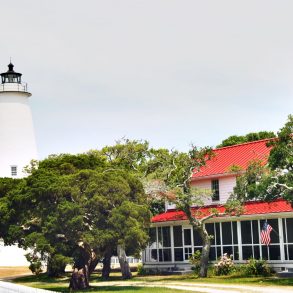 beautiful towering white lighthouse on the outer banks. the ocracoke lighthouse.