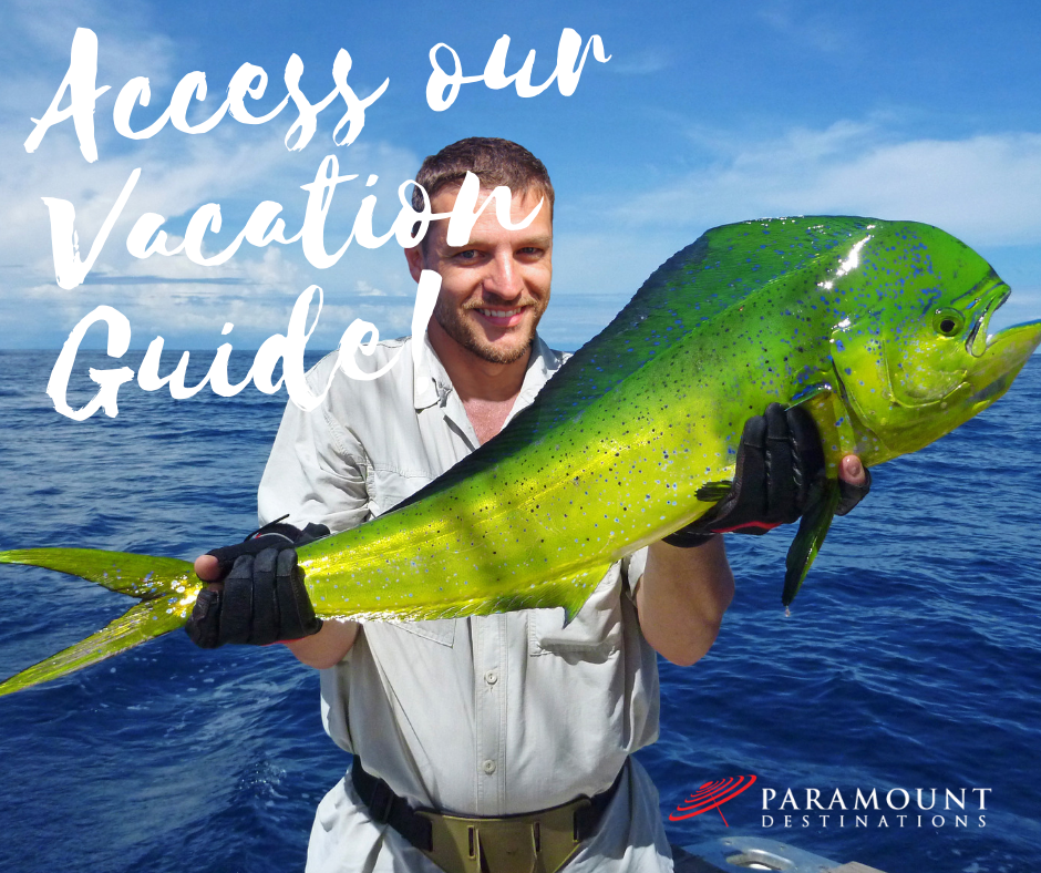 man deep sea fishing holding up mahi that he caught text reads access our vacation guide