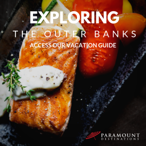 delicious grilled fish and seafood dish plated beautifully text reads exploring the outer banks access our vacation guide