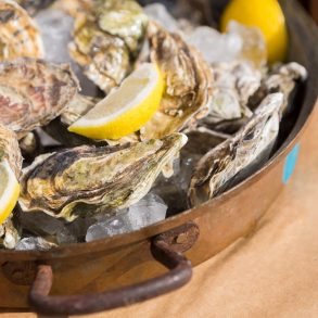 Fresh oysters on tray with ice and lemon pieces. Delicious seafood