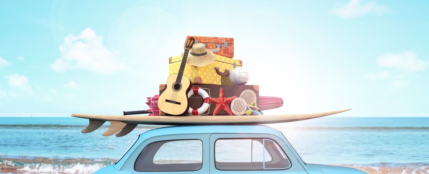 beach vacation, car with guitar, hat, starfish, surfboard, in front of ocean