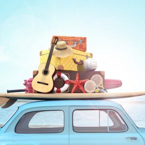 beach vacation, car with guitar, hat, starfish, surfboard, in front of ocean