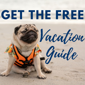 get the free vacation guide, dog on beach with life jacket