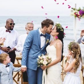 outer banks wedding venues on beach, bride and groom and guests