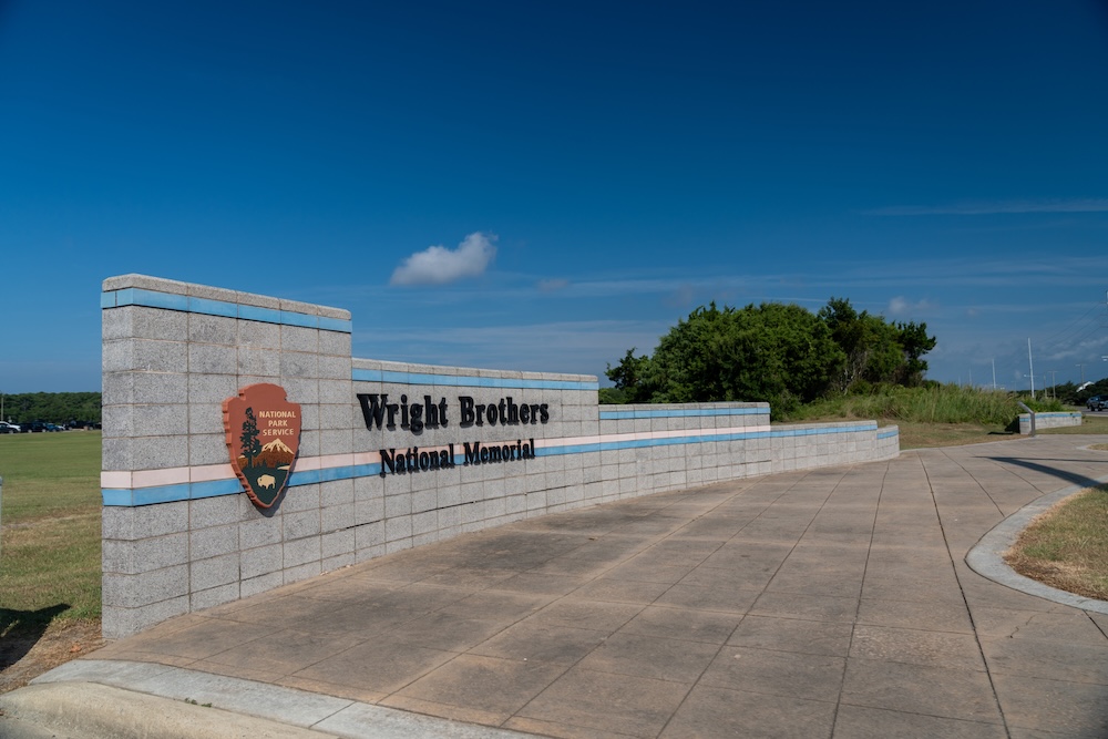 Entrance sign to the Wright Brothers National Memorial.