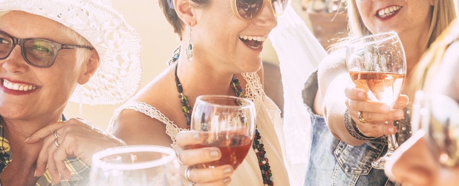 Closeup of happy beautiful cheerful people women celebrating together with red wine - bright sunny image joyful and friendship - young senior ladies smiling and laughing having fun at party