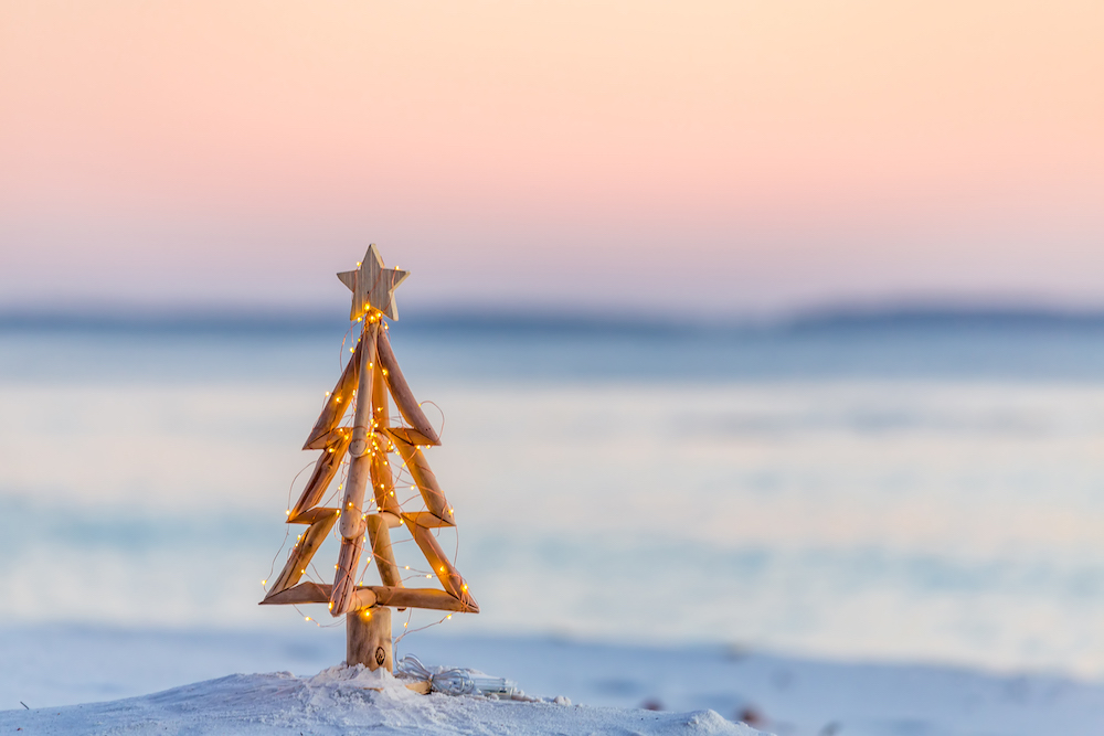 Coastal Christmas, Driftwood Christmas tree on beach