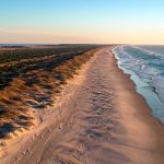 Aerial view of coastline and sand dunes in Outer Banks, North Carolina