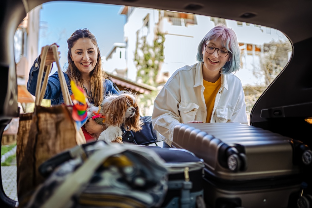 Close up of a young family and their dog packing up for a road trip